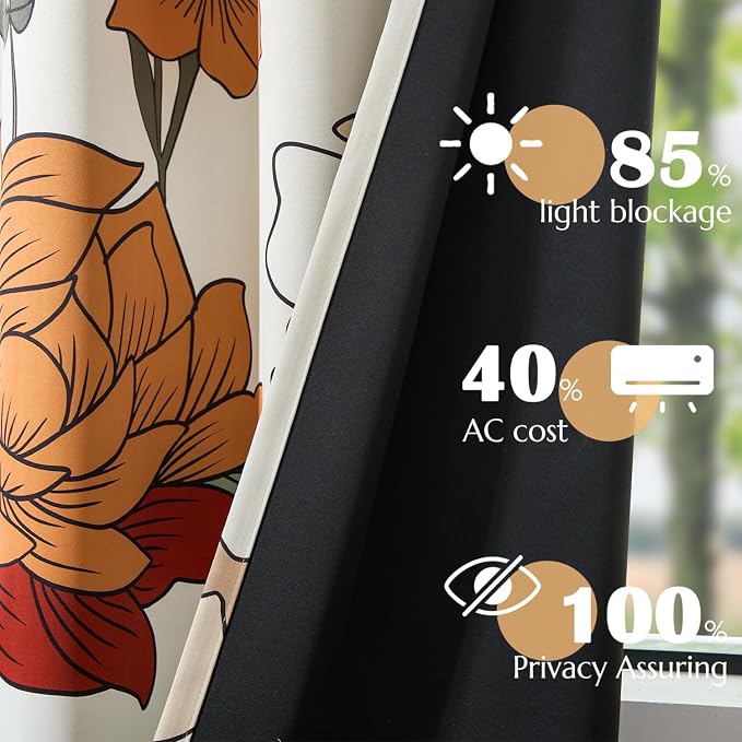 jinchan Beige Boho Floral Blackout Curtains 84 Inch Grommet 4 Panels | Room darkening, Vintage, living room, bedroom, privacy, floral print, flower pattern, fall decor, window treatments