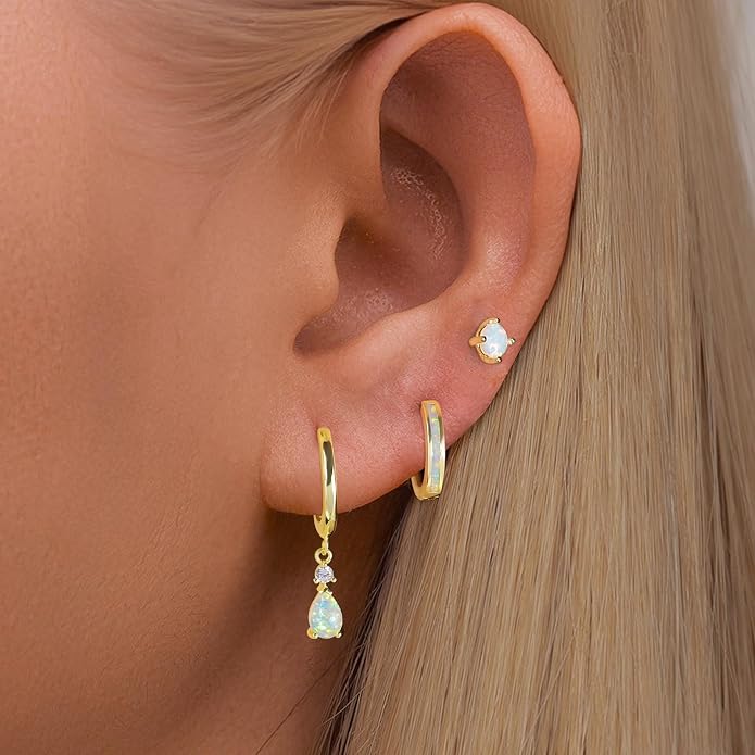 CiNily Opal Earrings Set for Women Hypoallergenic, Opal Stud Huggie Hoop Earrings Silver/Rose Gold Plated Dainty Hoop Huggie Silver Dangle Earring Stacks, Gold Jewelry