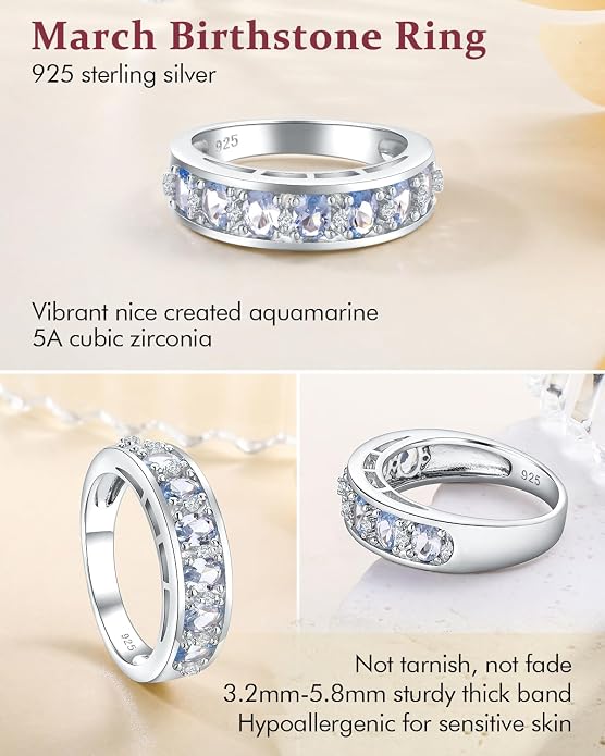 DAYBYDAY Oval Band Rings for Women, 925 Sterling Silver/14k Gold Plated Half Eternity Ring, Aquamarine/Ruby/Emerald/Sapphire Birthstone Rings, Thick Band Gemstone Anniversary Ring Size 6 to 10