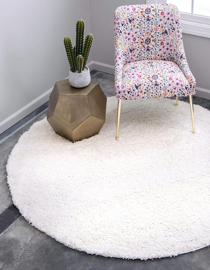 Unique Loom Solid Shag Collection Area Rug (8' Round, Snow White) | Modern solid area rug for dining room, entryway & bedroom. Stain-resistant, easy-care, kid & pet friendly