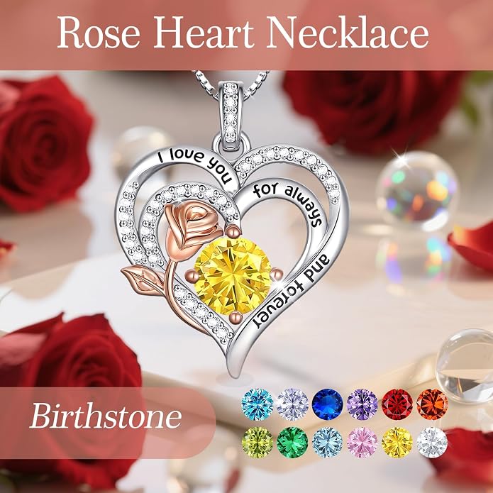 Birthstone Heart Necklaces for Women 925 Sterling Silver Fine Jewelry Rose Pendant Necklace Anniversary Birthday Mothers Day Gifts Her Wife Women Mom Daughter