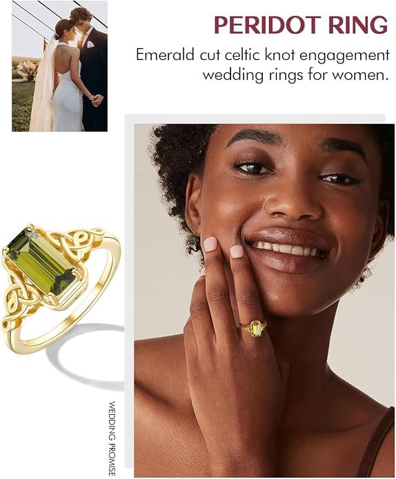 DAYBYDAY Celtic Birthstone Rings for Women, 925 Sterling Silver/18K Gold Plated Emerald Cut Celtic Knot Engagement Wedding Ring, Square Created Gemstone Promise Rings for Her Size 6-10