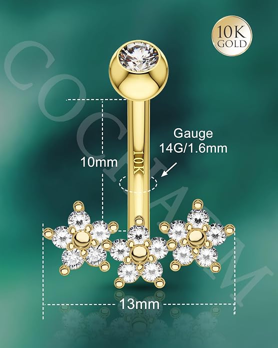 Cocharm Belly Button Rings - Flowers & Navel Piercing Jewelry - Hypoallergenic 10K Gold