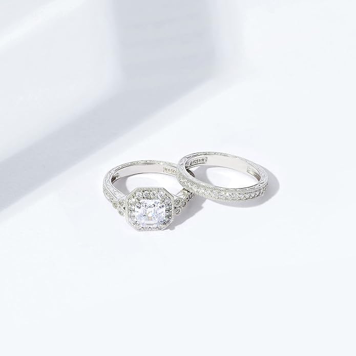 Amazon Essentials Platinum or Gold Plated Sterling Silver Antique Ring set with Asscher-Cut Infinite Elements Cubic Zirconia