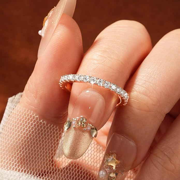 14K Gold Filled Silver Simulated Diamond Moissanite Engagement Promise Ring for Her, Stackable Ring Channel Setting Full Eternity Bridal Band Halo Rings Wedding Bands Size 4 to 10