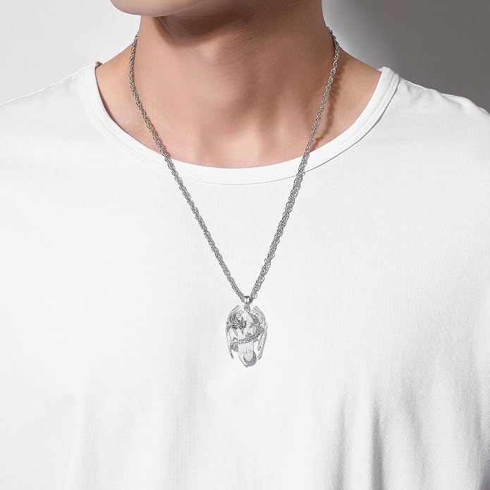 INFUSEU Unique Dragon Necklaces with Healing Crystal Stone for Men Women, Personalized Spiritual Gifts, 24 Inch Chain