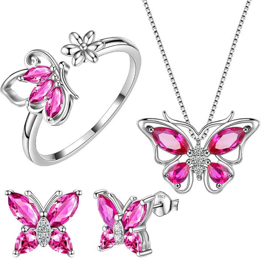 Aurora Tears Butterfly Jewelry,Women 925 Sterling Silver Butterflies Birthstone Pendant Necklace/Earrings/Rings Wedding Gift