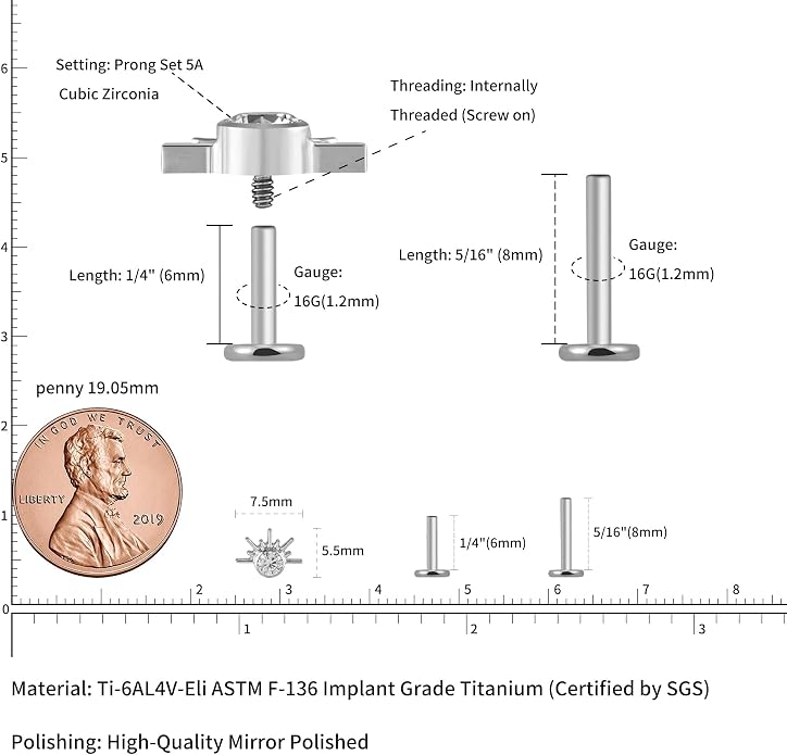 FINE4U 1PC ASTM F136 Titanium 16G Flatback Stud for Tragus, Helix, Conch 6mm 8mm - Screw on Cartilage Earring Piercing Jewelry