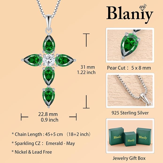 Cross Necklace for Women 925 Sterling Silver Teardrop Birthstone Pendant Religious Jewelry Gifts for Women