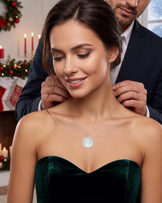 Aniu Tree of Life Necklace for Women, 925 Sterling Silver Mother of Pearl Family Palm Tree Charm Pendant Jewelry for Birthday Christmas Gift