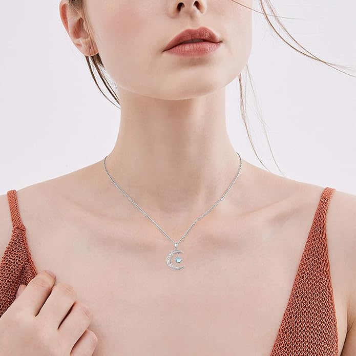 TRISHULA Moon Star Necklace, 925 Sterling Silver Crescent Moon Sun Pendant with Moonstone Crescent Jewelry Gift for Her Sister Birthday Christmas