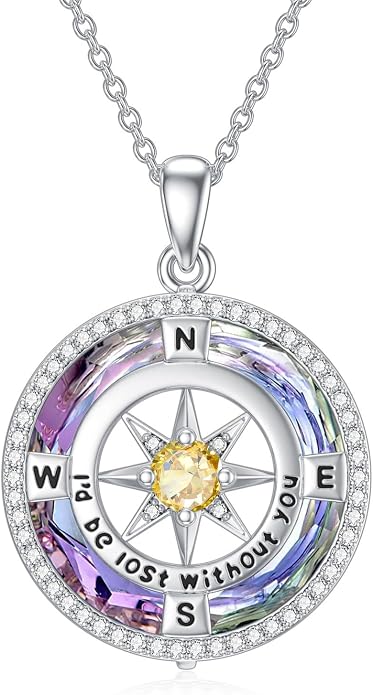 TOUPOP Necklace Gifts for Wife Compass Jewelry Women Anniversary Girlfriend Birthday Gift for Her Valentines I'd be Lost without You Sterling Silver Birthstone Necklaces