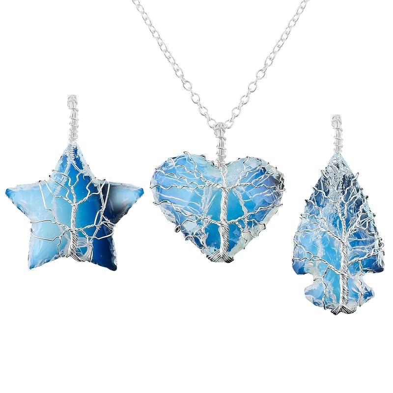 (3pcs) (Tree of Life Craft) Raw White Sea Glass Rough Crystals Pendant Necklace, Wire Wrapping, Gift Giving Women Jewelry with Dainty Silver Plated Chain 18 inch