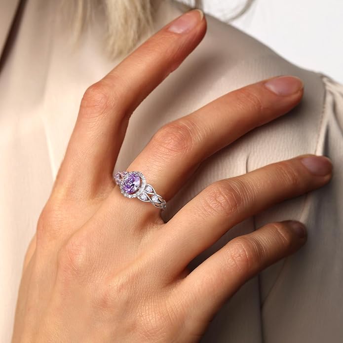 925 Sterling Silver Celtic Knot Engagement Ring for Women Moissanite/Cubic Zirconia Inlaid Oval Shaped Birthstone Rings Cocktail Wedding Birthday Jewelry(with Box)