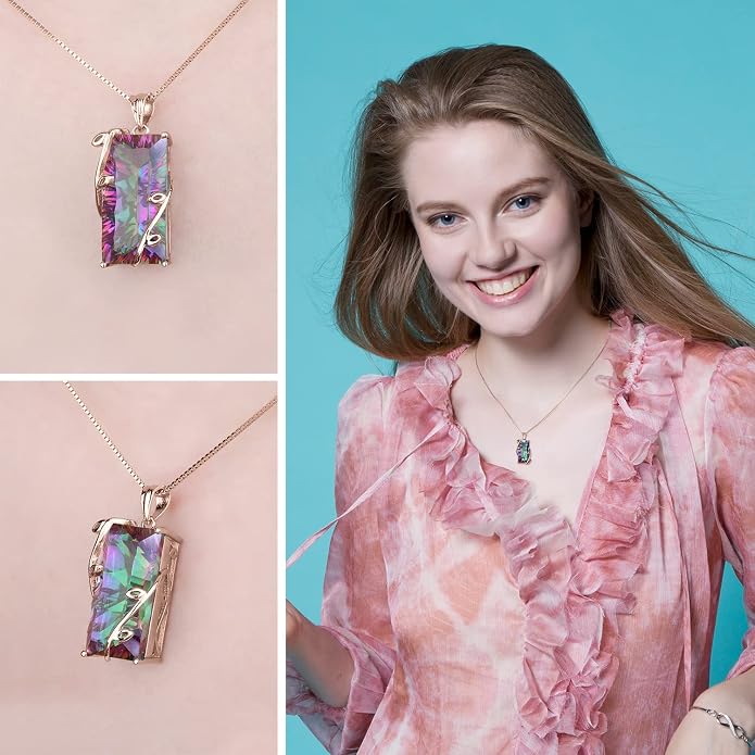 JewelryPalace Multicolor Luxurious 15.2ct Rectangle Genuine Mystic Quartz Pendant Necklaces for Women, 14K White Yellow Rose Plated Gold 925 Sterling Silver Natural Gemstones, 18 Inches Chain