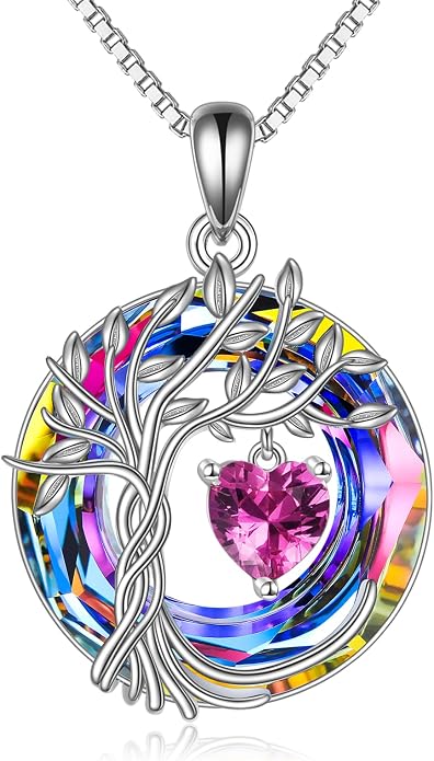 POPLYKE Mothers Day Gifts for Mom Her Wife Tree of Life Necklace 925 Sterling Silver Birthstone Pendant with Crystal Anniversary Birthday Wedding Jewelry for Women