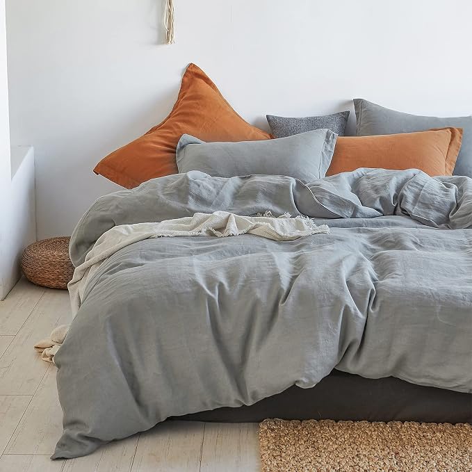 Simple&Opulence 100% Linen Duvet Cover Set 3pcs Basic Style Natural French Washed Flax Solid Color Soft Breathable Farmhouse Bedding with Button Closure - Ultimate Grey, King