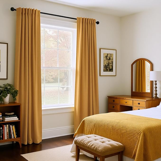 INOVADAY 100% Blackout Curtains 102 Inches Length 2 Panels Set, Back Tab/Rod Pocket Linen Black Out Curtains for Bedroom, Thermal Insulated Window Drapes - Dijon Mustard, W50 X L102