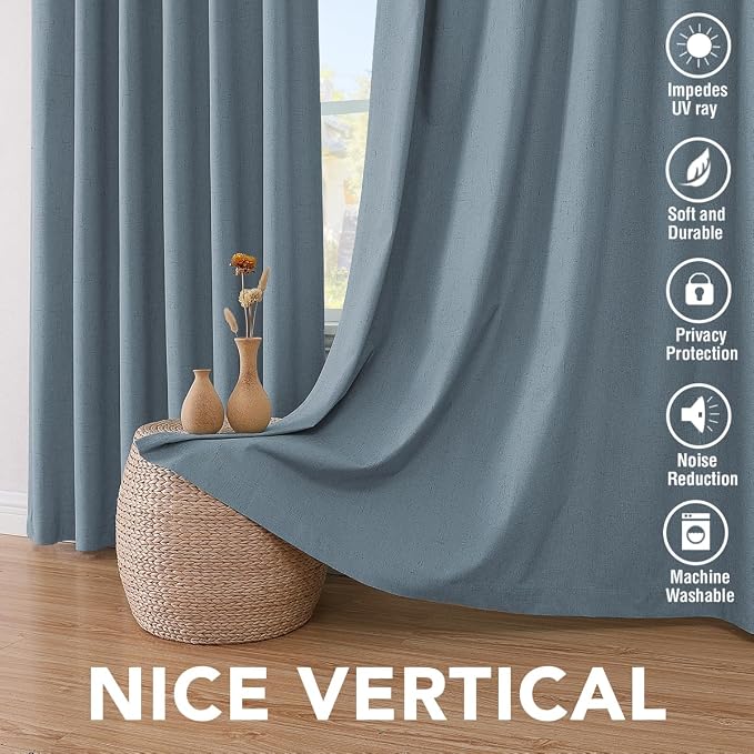 H.VERSAILTEX Linen Blackout Curtains 84 Inches Long 100% Blackout Thermal Insulated Textured Linen Look Curtain Draperies Anti-Rust Grommet, Energy Saving with White Liner, 2 Panels, Stone Blue