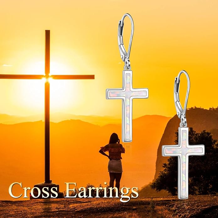 ONEFINITY Cross Earrings 925 Sterling Silver Leverback Cross Dangle Drop Earring Cross Religion Jewelry for Women Men