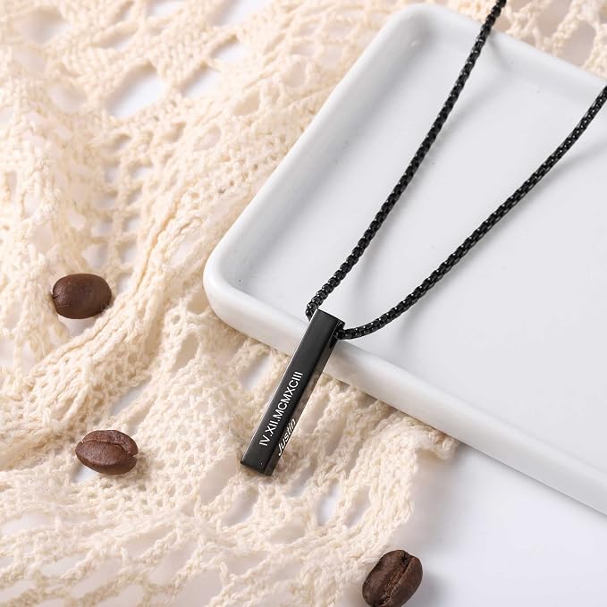 Personalized Men Necklace: Custom Chains For Men, Black 3d Bar Name Pendant, Engraved Necklace for Men, Gift For Dad, Husband, Boyfriend