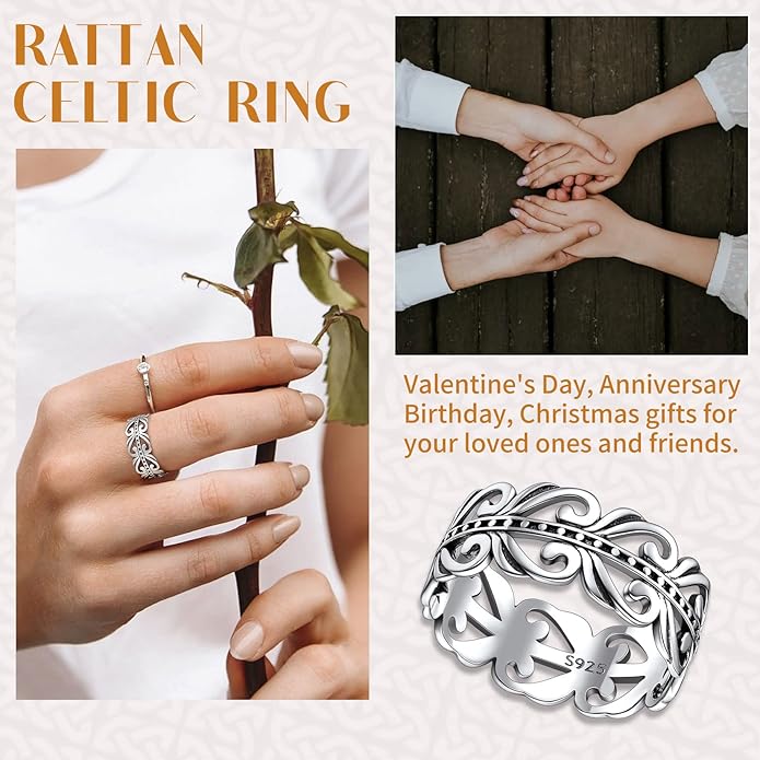 Suplight S925 Sterling Silver Celtic Knot/Evil Eye/Infinity Symbol Band Ring, 2/3/5/8mm Vintage Finger Thumb Ring for Women Size 4-13 (with Gift Box)