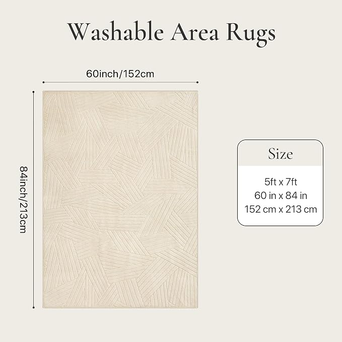 GENIMO Soft Washable Area Rugs 5x7, 3D Modern Line Design Rugs for Living Room, High-Low Pile Textured Non Slip Fuzzy Shag Carpet, Non-Shedding Stain Resistant Beige Carpet for Bedroom, Dining Room