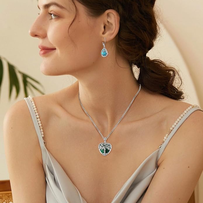 EUDORA Tree of Life Necklace with Moonstone Amethyst Obsidian Turquoise Healing Crystal for Women, Silver Plated Copper Mother Tree of Life Pendant Amulet Energy Jewelry, Gift for Women Mom, 20"+2"