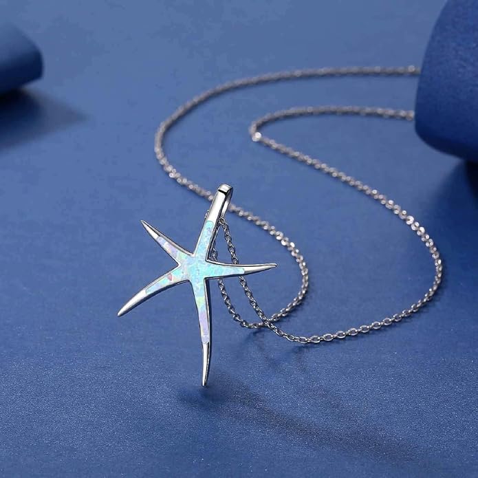 Cuoka Starfish Necklace, 925 Sterling Silver with Opal, Hawaiian Beach Nautical Ocean Pendant, Starfish Jewelry Opal Jewelry Valentine for Women Girlfriend