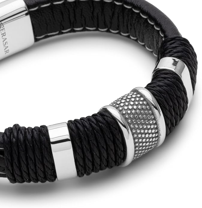 SERASAR Premium Leather Bracelet Men | Stainless Steel Magnetic Clasp | Three Colors | Jewelry Box Included