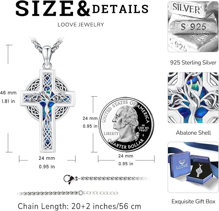 Celtic Cross Tree of Life Necklace for Women Sterling Silver Thor Hammer Tree of Life Pendant Irish Knot Cross Amulet Tree of Life Jewelry