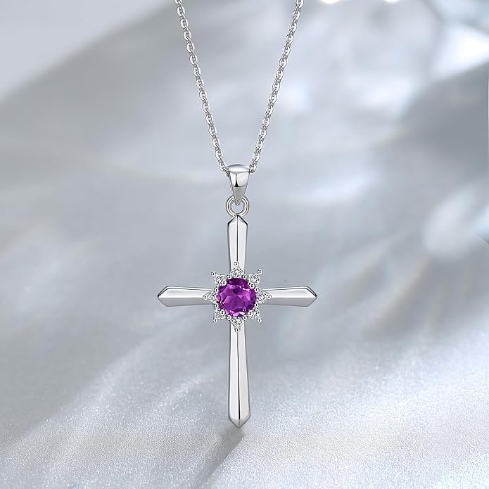 FANCIME Birthstone Cross Necklace for Women Sterling Silver Birthstone Necklace Halo Infinity Cross Pendant Necklace Fine Jewelry Valentines Day Gifts Birthday Holiday Gifts for Her, 16"+2" Inches