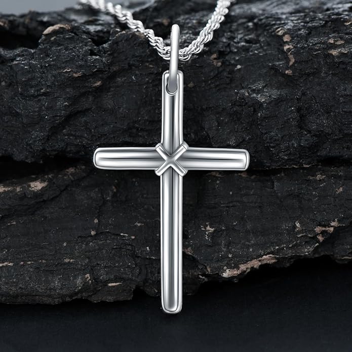 KXJ S925 Sterling Silver Black Cross/Best Dad/Baseball Bat/Silver Cross/Ankh Cross/Crucifix with 22+2 Inches Stainless Steel Rolo Chain Cross Necklace for Men Women Christian Religious Jewelry Gifts