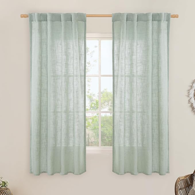 LAMIT 63 Inch Semi Sheer Linen Curtains, Light Filtering Panels Back Tab and Rod Pocket Neutral Drapes for Bedroom/Living Room, Light Sage, 2 Panels, 34 x 63 Inch