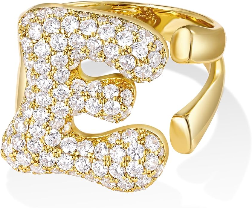 KissYan Bubble Initial Ring for Women, 14K Gold Plate Balloon Jumbo Letter Rings Open Adjustable Dainty Pave CZ Personalized Fashion Jewelry Gift for Mother's Day