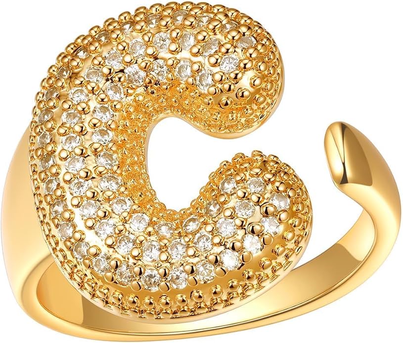 FindChic Initial Ring for Women, Gold Plated Chunky Letter Rings Open Adjustable Trendy Sparkling Cubic Zirconia Personalized Statement Rings Jewelry Gift