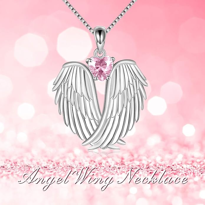 YFN Angel Wings Necklace 925 Sterling Silver Guardian Angel Wings Pendant Necklace Birthstone Necklace for Women Girls Christmas Jewelry Gifts