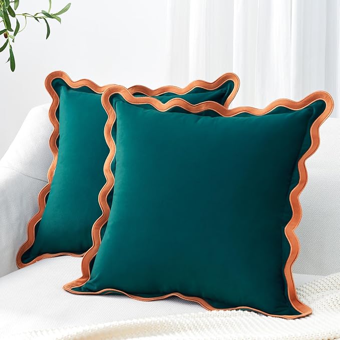 MONDAY MOOSE Decorative Throw Pillow Covers Cushion Cases, Set of 2 Soft Velvet Scalloped Wavy Edge Designs, Mix and Match for Home Decor, Pillow Inserts Not Included (20x20 inch, Coral/Dark Teal)