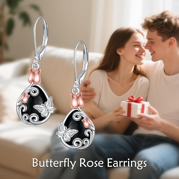AOBOCO Teardrop Dangle Earrings for Women 925 Sterling Silver Moonstone Flower Filigree Leverback Jewelry Birthday
