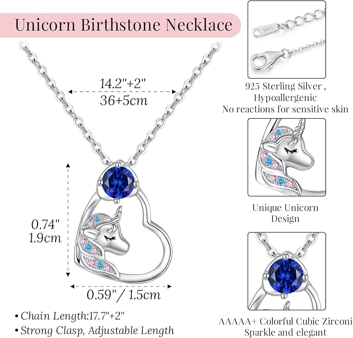 CDE Christmas Gift for women Cute Unicorn Birthstone Necklace for Girls Daughter 925 Sterling Silver Opal Heart Pendant Graduation Birthday Christmas Jewelry Gift for Teenage Girls Niece