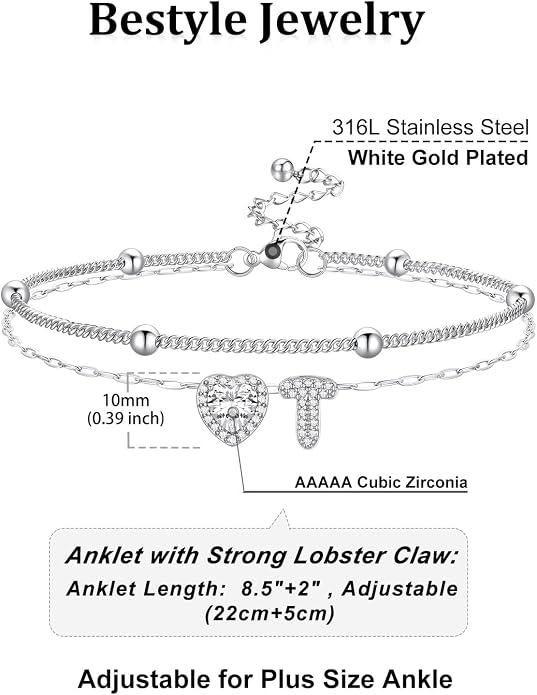 Bestyle Initial Anklet Bracelets for Women Waterproof Non Tarnish 14K Gold/White Gold Plated CZ Anklets for Women Dainty Layered Letter Heart Ankle Bracelets Adjustable Foot Chain Anklet