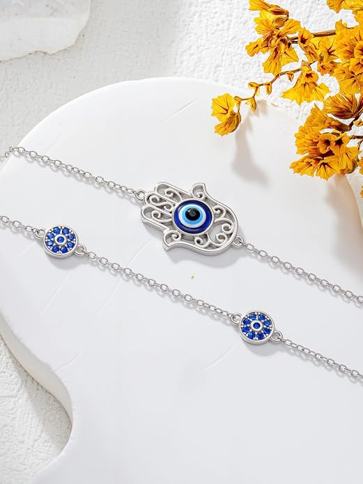 925 Sterling Silver Ankle Bracelet Evil Eye/Dolphin/Sea Turtle/Infinity/Wave Seashell/Hamsa Ankle Bracelet Adjustable Summer Beach Ocean Jewelry for Women