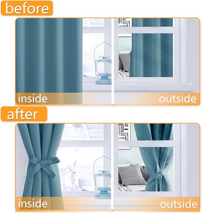 Hiasan Blackout Curtains for Bedroom, 42 x 63 Inches Length - Thermal Insulated & Noise reducing Window Curtains for Living Room, 2 Drape Panels Sewn with Tiebacks, Stone Blue