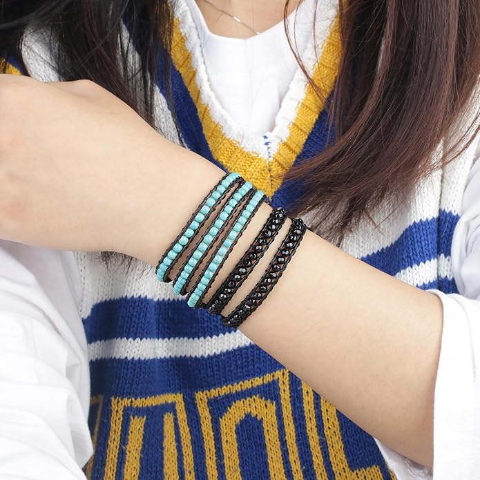 KELITCH Turquoise Beads Bracelets Leather 3 Wrap Bracelet Handmade Women Heart Jewelry