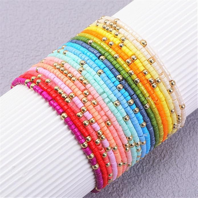 Fuqimanman2020 18Pcs Boho Stackable Beaded Bracelets for Women Colorful Handmade Multilayered Rice Beads Anklets Set Summer Beach Bohemian Jewelry Gift