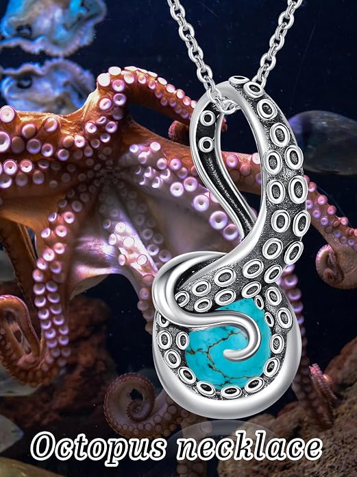 Octopus Tentacles Necklace with Gemston 925 Sterling Silver Octopus Pendant for Women Ocean Jewelry Gift for Women
