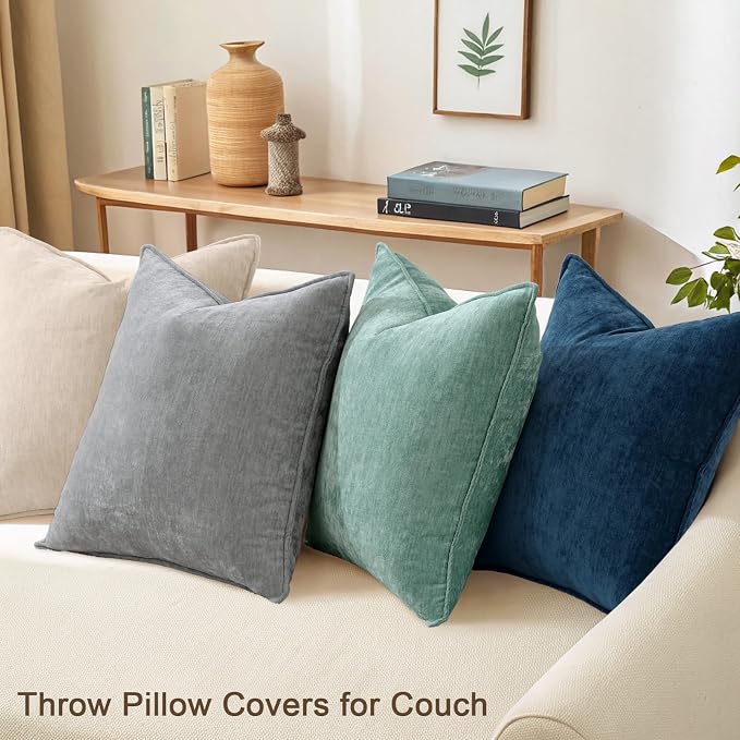 decorUhome Set of 4 Chenille Throw Pillow Covers 18x18(Beige/Aqua) | Couch Decorative Soft Neutral Pillow Covers with Elegant Design for Living Room Bed Sofa