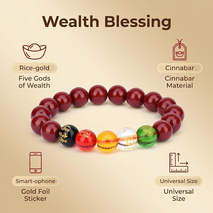 LINGYUAN Feng Shui Wealth and Luck Bracelet with Gold Foil Five Gods Amulet-Red Agate Cinnabar Gemstone Bracelet for Prosperity, Protection & Success, Lucky Charm Gift for Men & Women