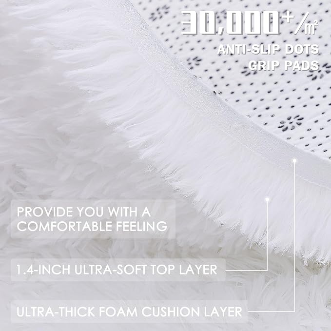 OLANLY White Round Rugs for Bedroom - Machine Washable, 9 ft Circle Area Rugs for Living Room, Soft and Fluffy Shaggy Carpet for Teen Girls and Boys, Nursery Rooms, Dorms, Home Decor Aesthetic