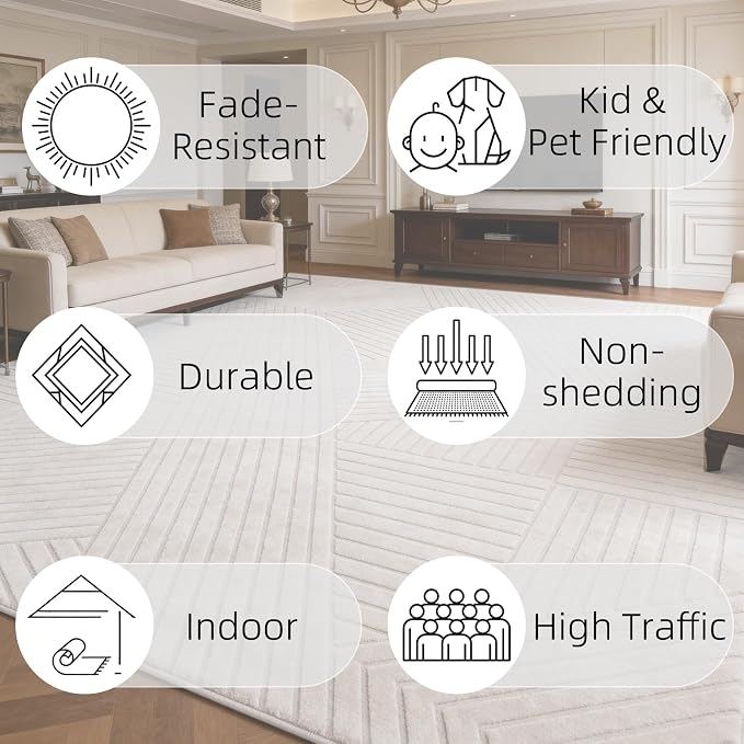 5x7 Beige Solid Geometric Area Rugs for Living Room Bedroom, Washable | High-Low Pile Textured Carpet, Ultra Soft, Durable, Non-Slip, Fluffy Floor Rugs for Bedroom, Kids Room, Nursery, Home Décor